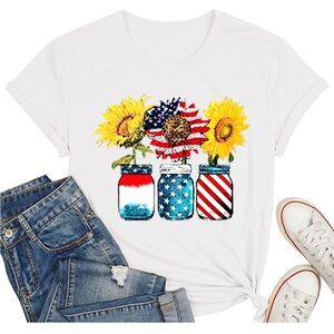 White T-Shirt with Sunflower and Patriotic Jar Print